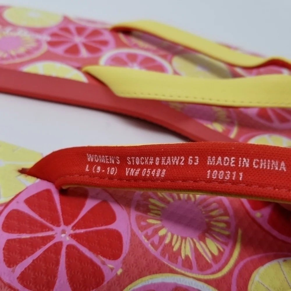 LL Bean Womens Flip Flops Sandals Sz L 9-10 Thong Citrus Fruit Print Pink Yellow